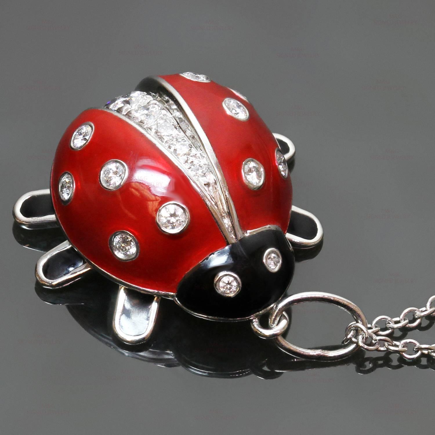 Tiffany and Co. Enamel Diamond Platinum Ladybug Pendant Necklace For