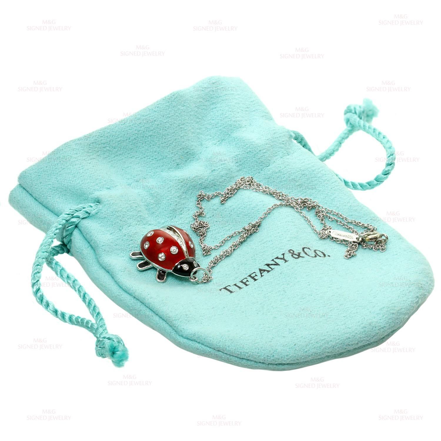 Tiffany and Co. Enamel Diamond Platinum Ladybug Pendant Necklace For