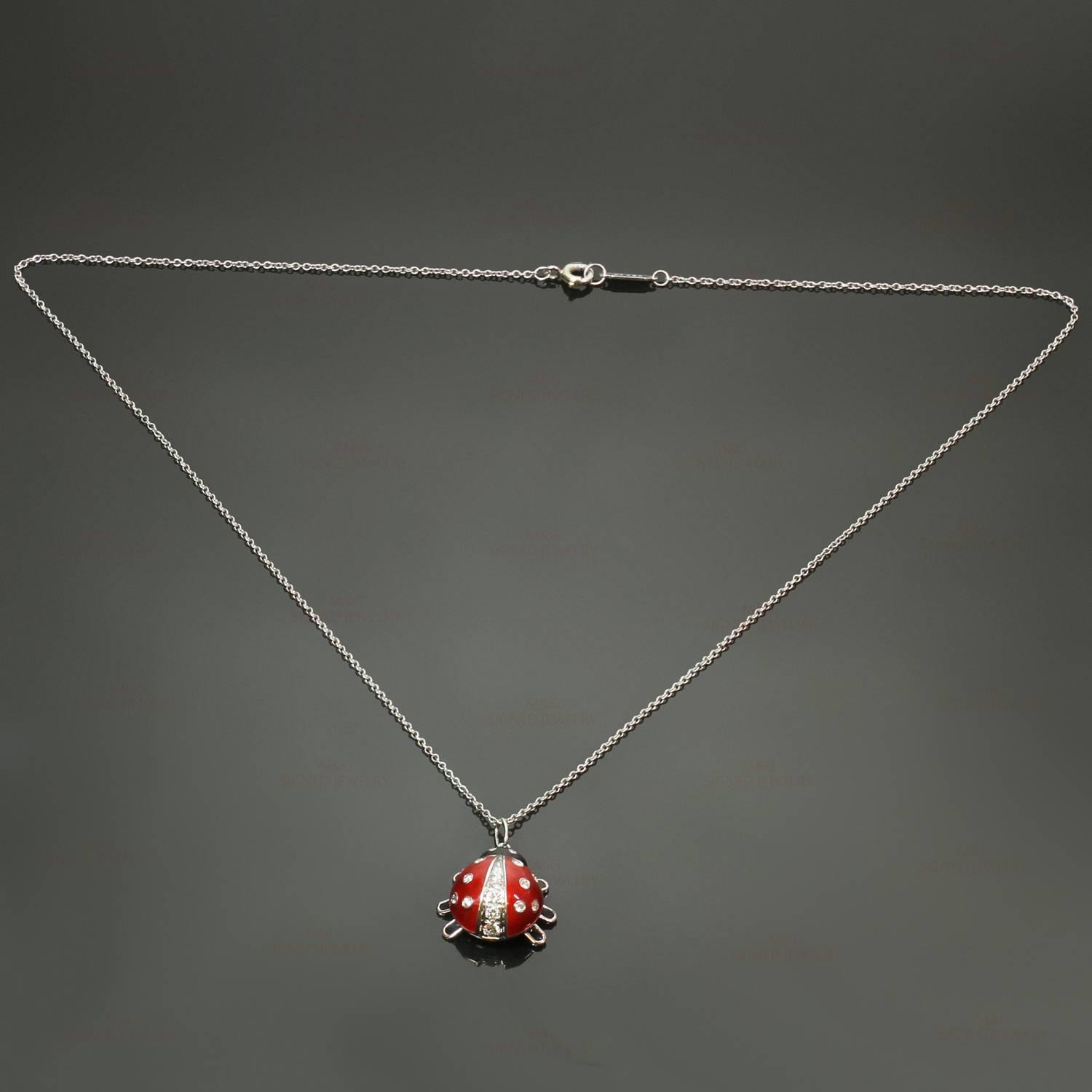Tiffany and Co. Enamel Diamond Platinum Ladybug Pendant Necklace For