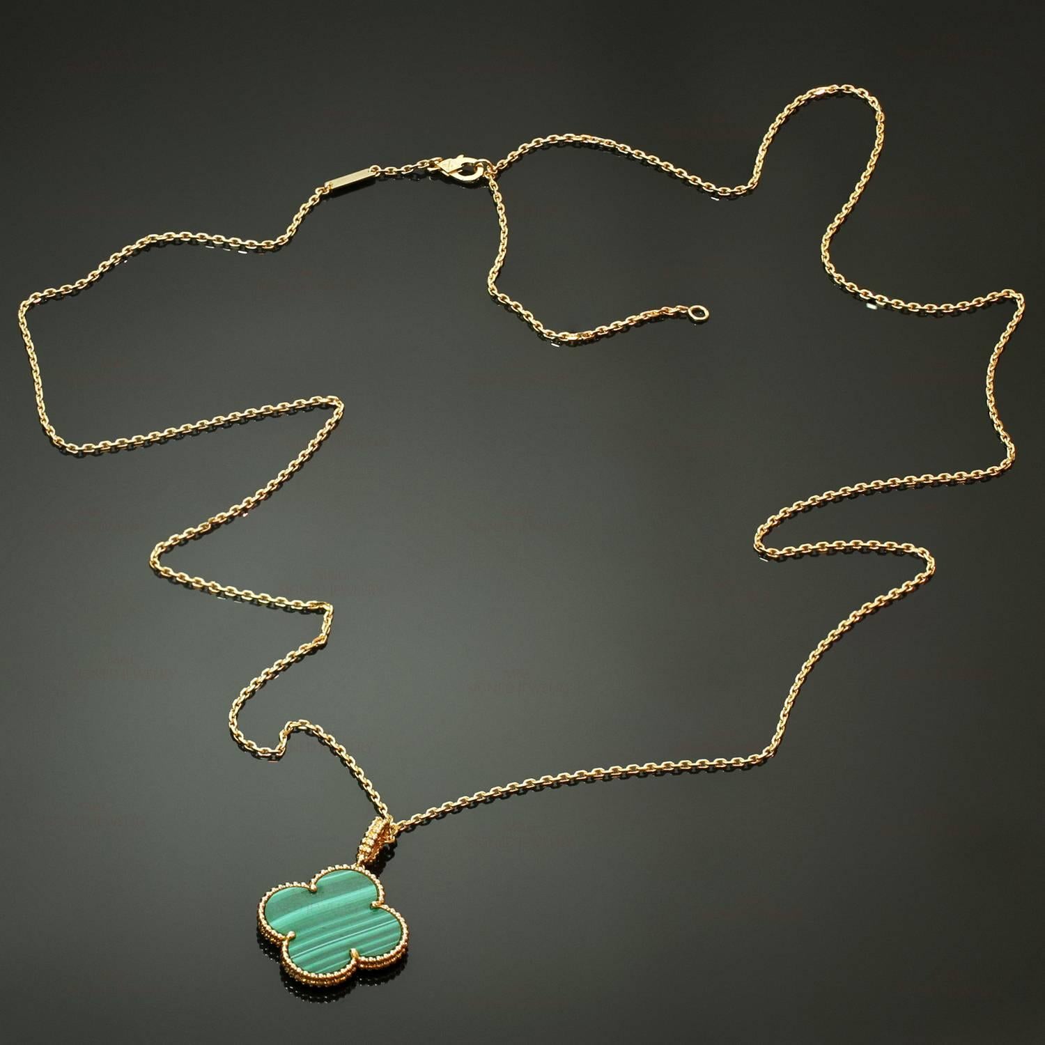 This elegant necklace from the iconic Alhambra collection by Van Cleef & Arpels is crafted in 18k yellow gold and features a lucky clover pendant set with green malachite. Made in France circa 2013. Measurements: 34.25