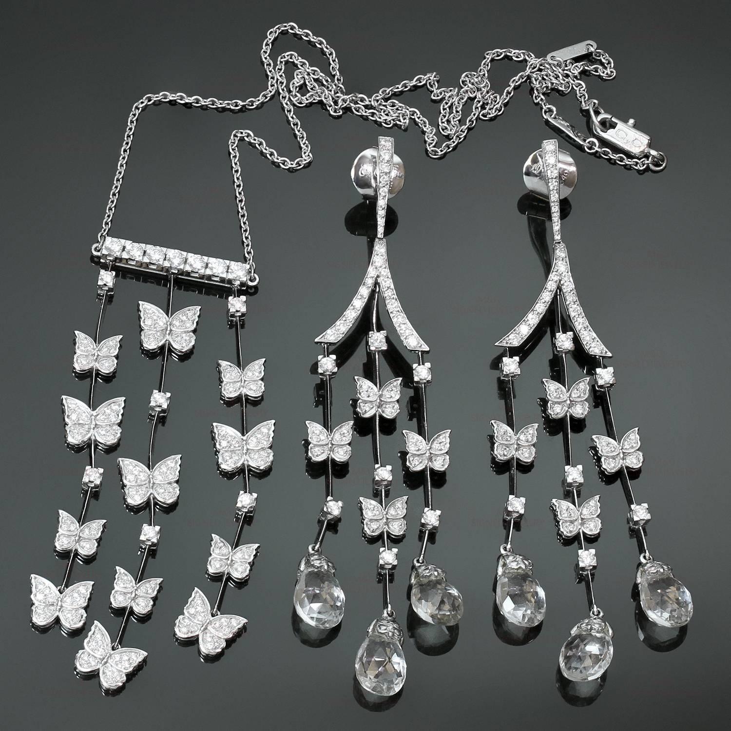 This exquisite set from the Butterflies collection by Carrera Y Carerra is crafted in 18k white gold and features a stunning pendant drop necklace set with 151 diamonds of an estimated 2.05 carats and delicate dangling earrings set with 64 diamonds
