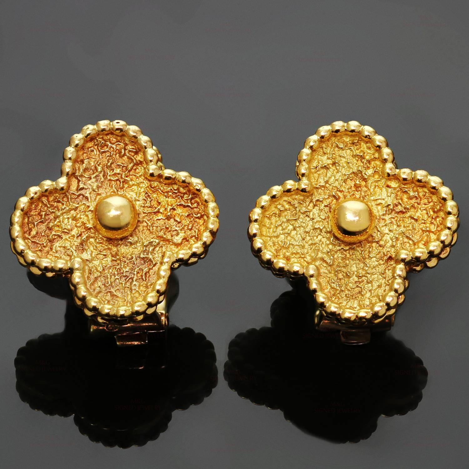 These classic earrings from Van Cleef & Arpels's Vintage Alhambra collection are made in 18k textured yellow gold and feature an iconic and festive design inspired by the symbol of luck. We can add posts for pierced ears at no extra charge. Made in