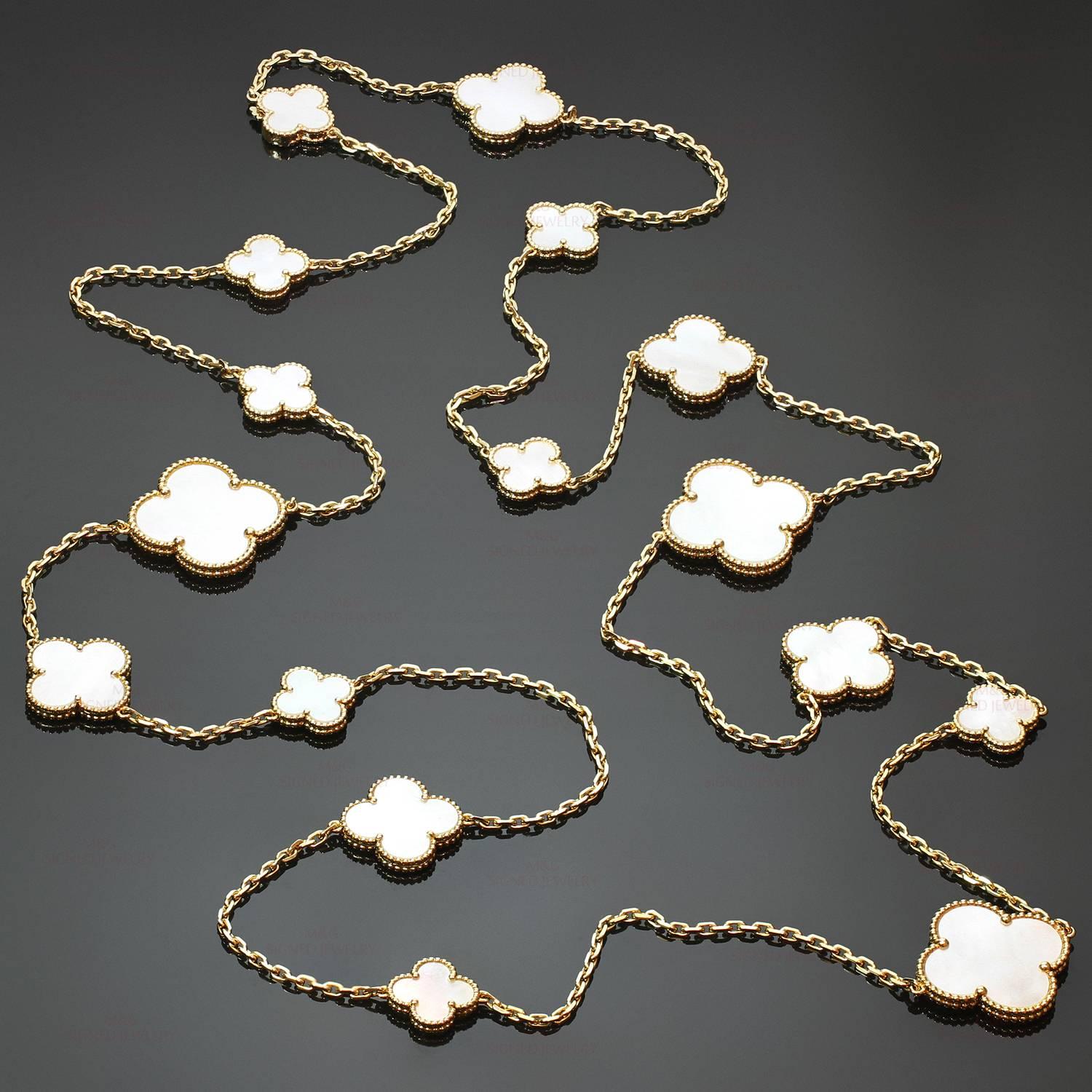 This elegant Van Cleef & Arpels necklace from the Magic Alhambra collection is crafted in 18k yellow gold and beautifully accented with eleven 15.0mm to 33.0mm mother-of-pearl lucky clover motifs. Made in France circa 2011. Measurements: 33.5
