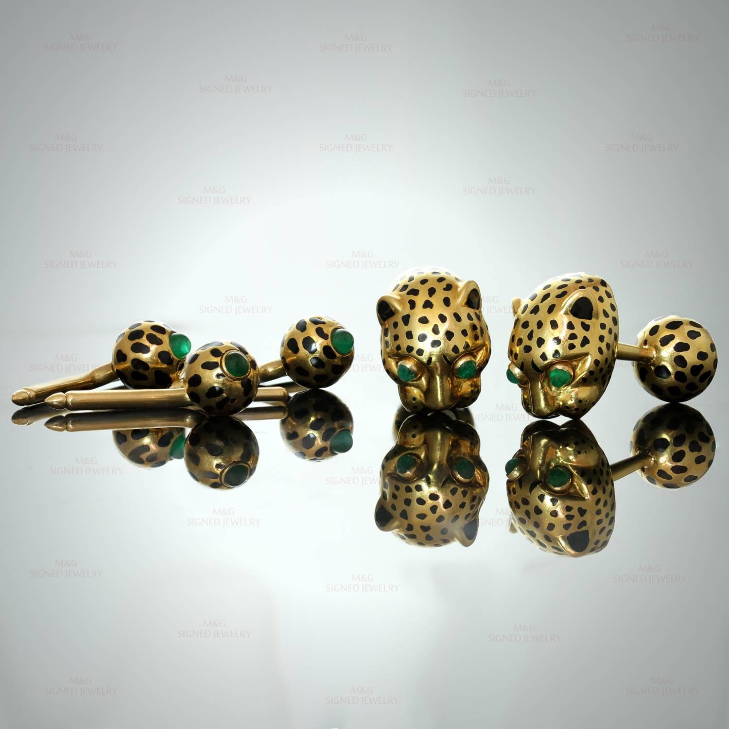 This chic and handsome David Webb gentleman's dress set features a pair of leopard head cufflinks and three shird studs accented with cabochon emeralds and black enamel. The shirt studs have 14k yellow gold findings while the rest of the set is