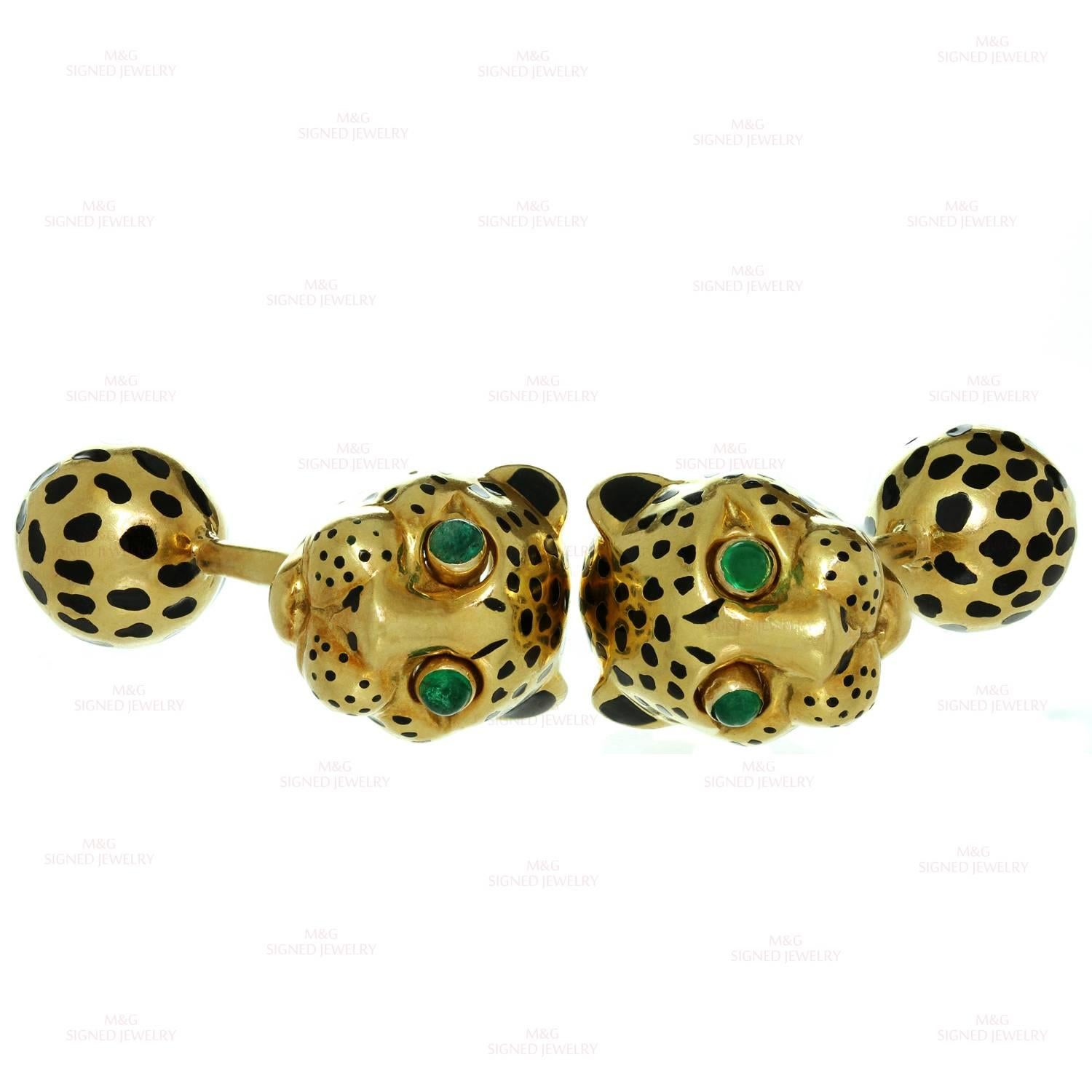 Men's David Webb Enamel Emerald Gold Leopard Cufflinks and Studs Set Father's Day 
