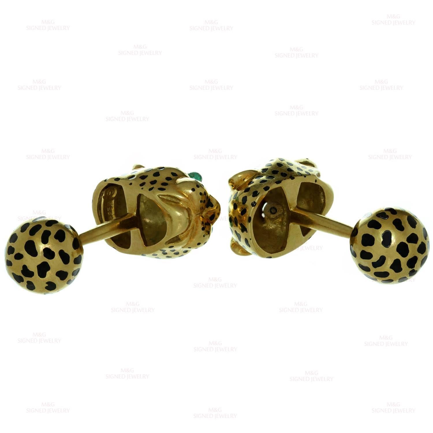 David Webb Enamel Emerald Gold Leopard Cufflinks and Studs Set Father's Day  2