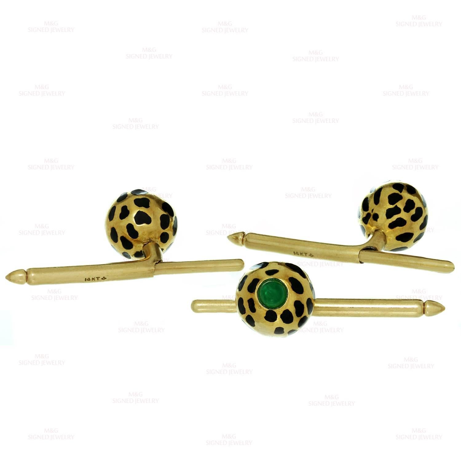 David Webb Enamel Emerald Gold Leopard Cufflinks and Studs Set Father's Day  1