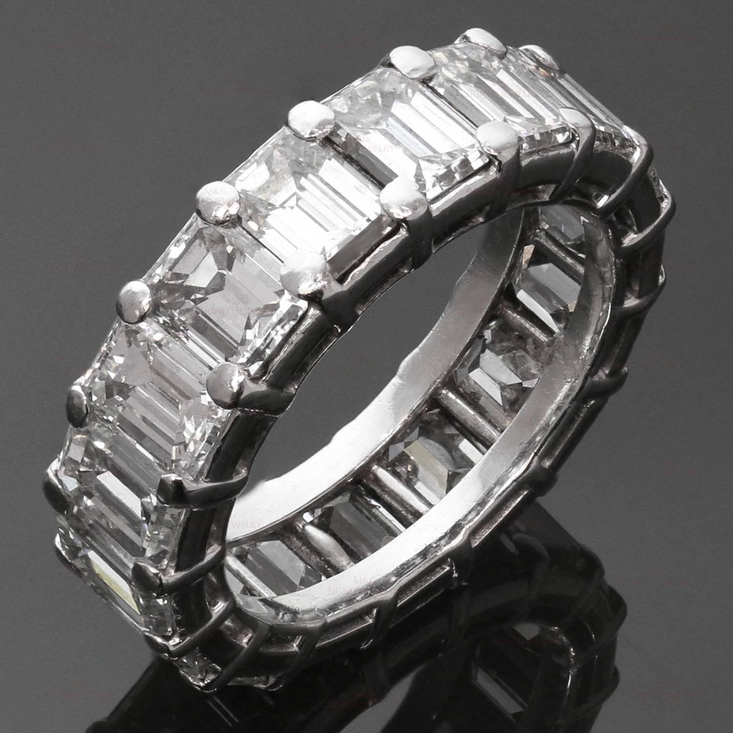 This exquisite eternity band by Graff is crafted in fine platinum and set with emerald-cut diamonds of an estimated 8.50 carats. Made in United States circa 1990s.  Measurements: 0.23