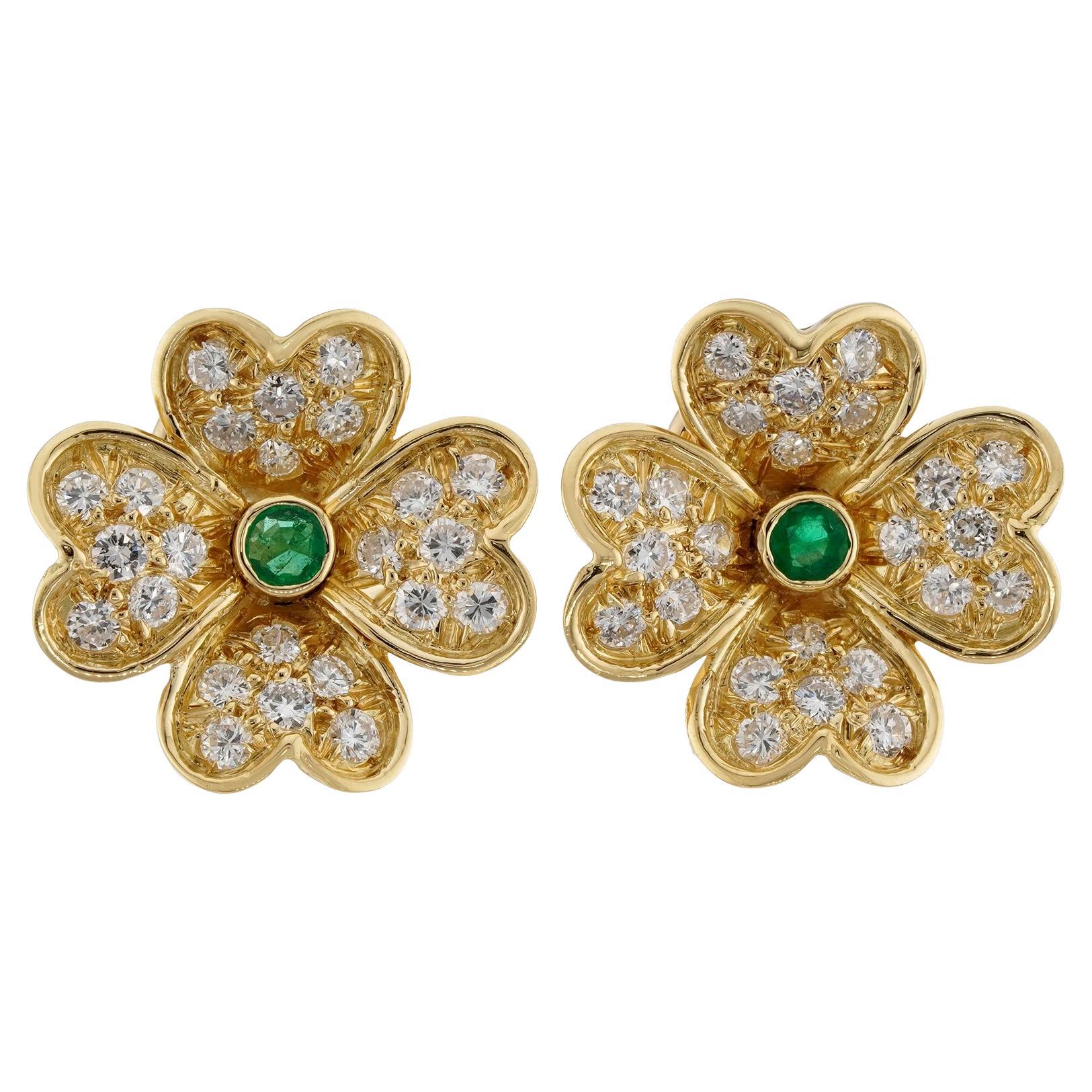 Van Cleef & Arpels Frivole, petites boucles d'oreilles en or jaune 18 carats avec diamants et émeraudes
