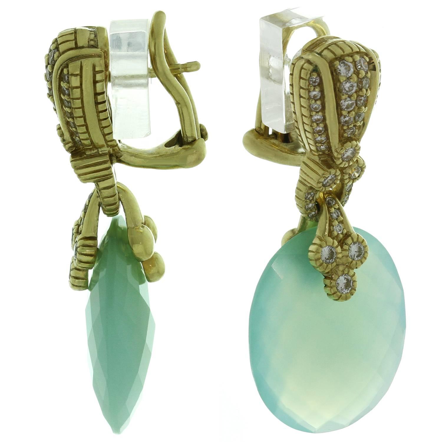 Judith Ripka Chalcedony Diamond Gold Pendant Earrings In Excellent Condition In New York, NY
