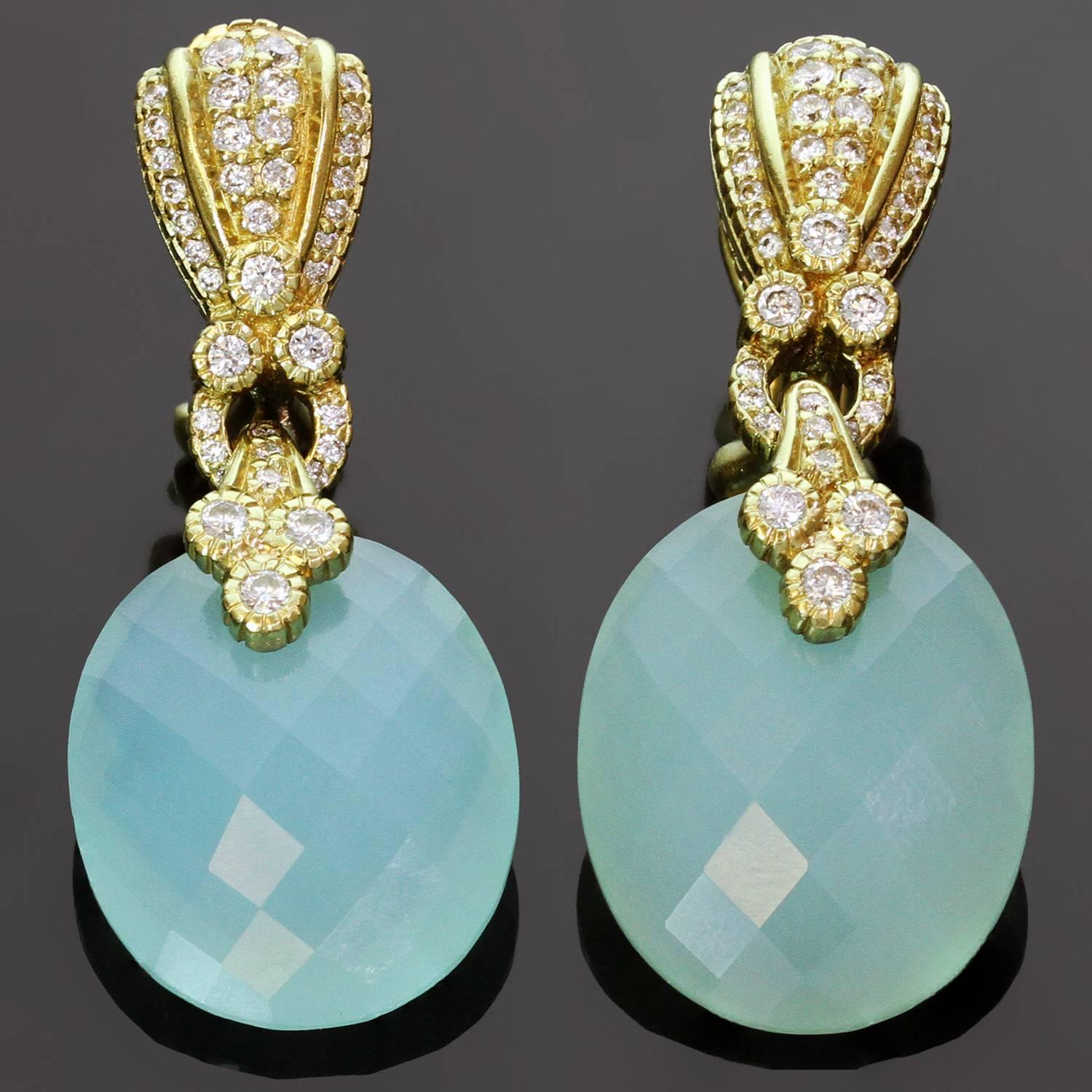 These elegant Judish Ripka pendant earrings are crafted in 18k yellow gold and accented with brilliant-cut round diamonds of an estimated 0.80 carats and faceted light blue-green oval  chalcedony stones measuring 5.2mm x 19.2mm. Made in United