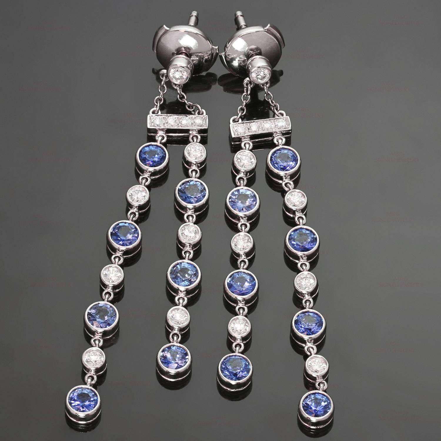 These fabulous earrings from Tiffany's Jazz collection feature a double-drop design crafted in fine platinum and set with brilliant-cut round diamonds of an estimated 0.80 carats and intense blue sparkling round sapphire. Made in United States circa