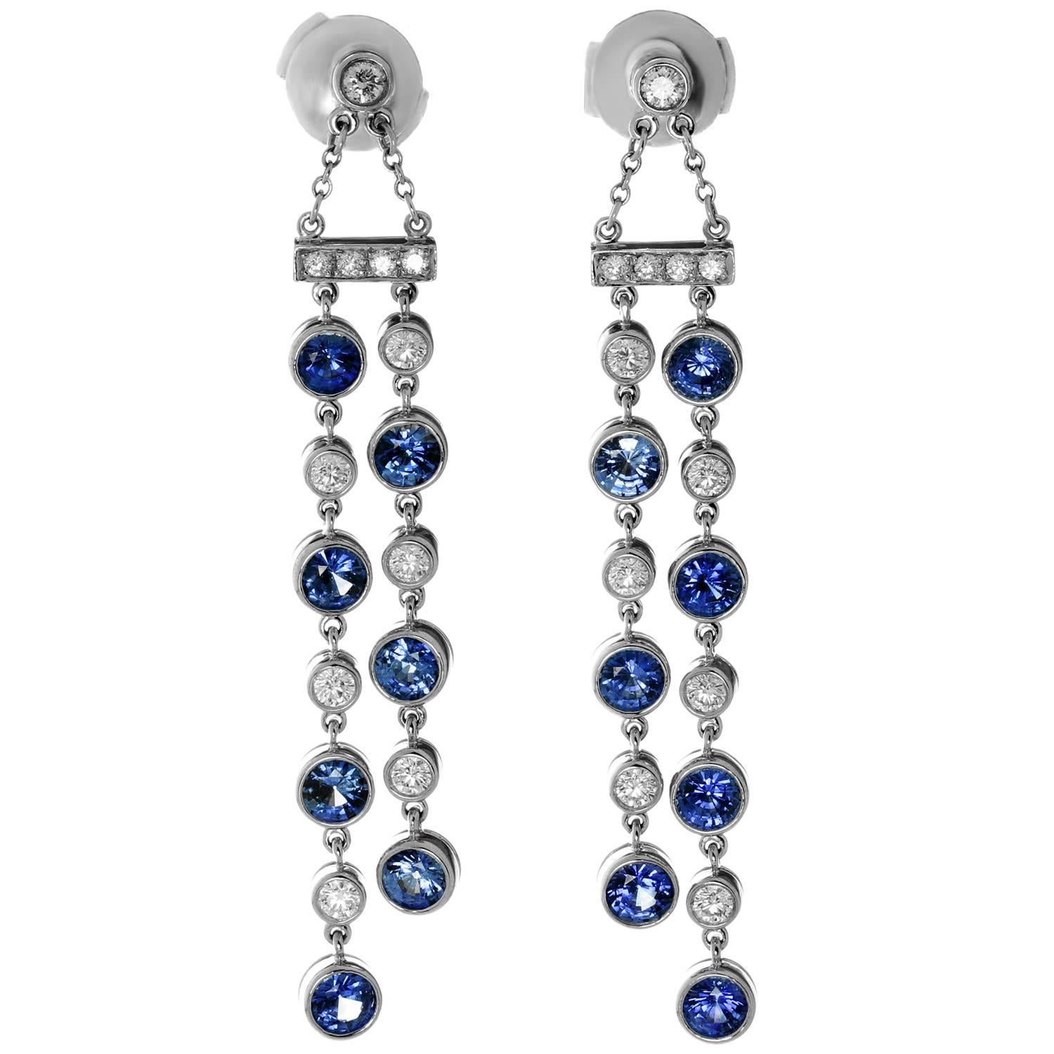 Tiffany & Co. Jazz Sapphire Diamond Platinum Double Drop Earrings For Sale