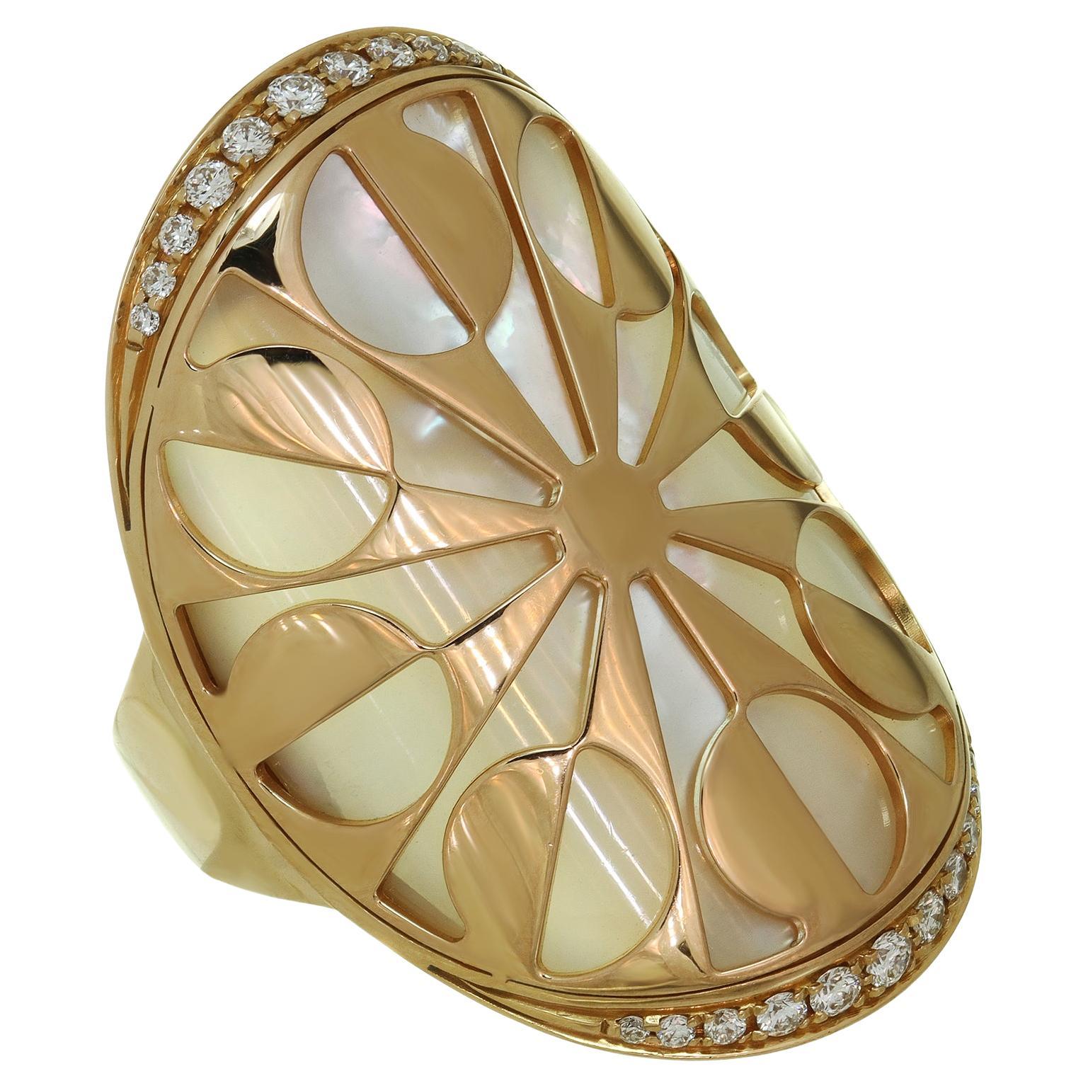 BVLGARI Intarsio Diamond Mother-of-Pearl Rose Gold Ring Size 51 For Sale
