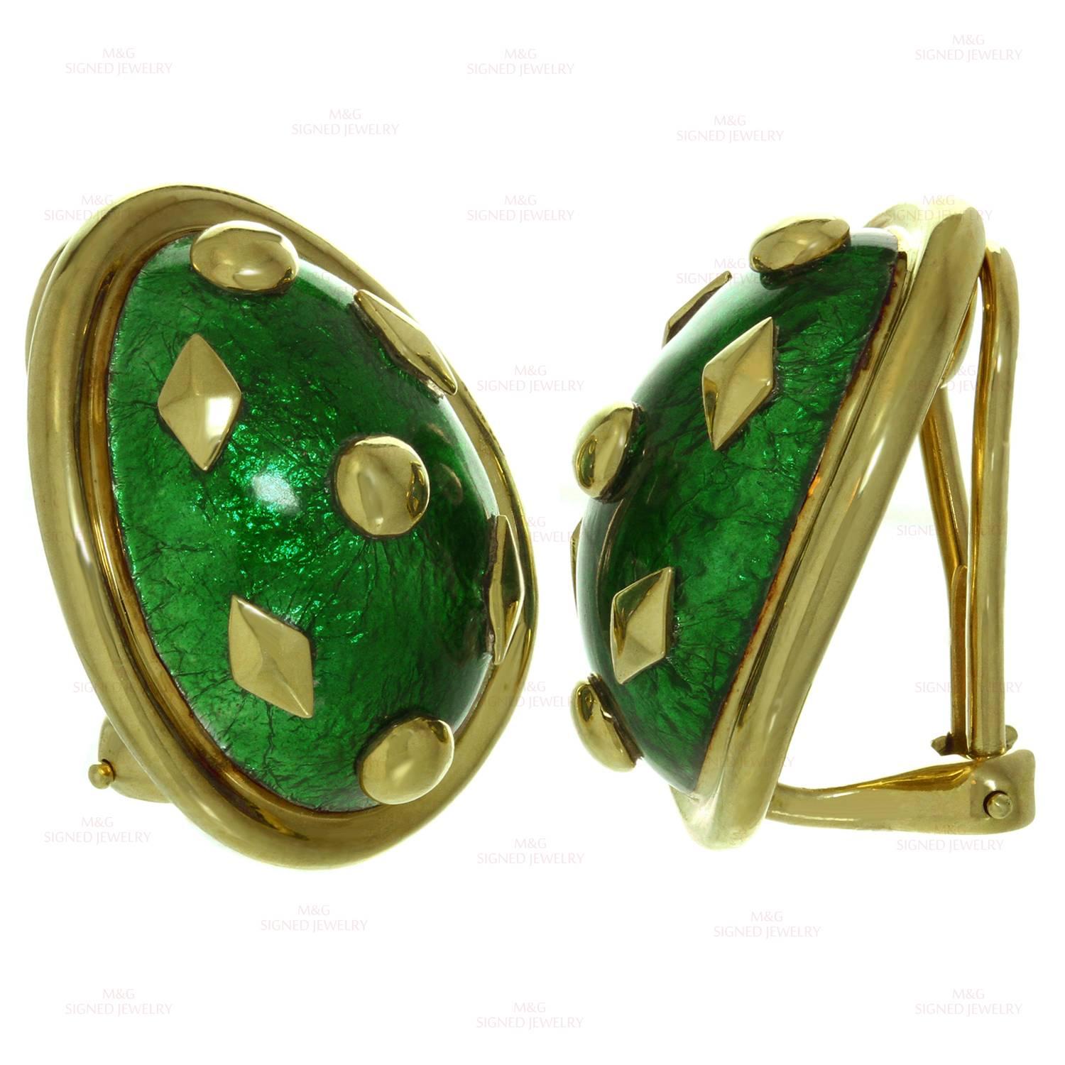 Women's Tiffany & Co. Schlumberger Dot Losange Green Enamel Gold Clip-on Earrings