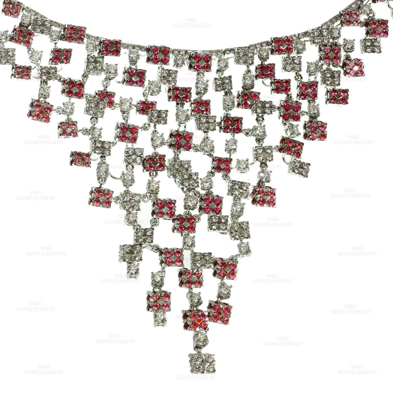 White Gold, 18k Diamond Pink Sapphire Bib Necklace.Made in Italy For Sale 2