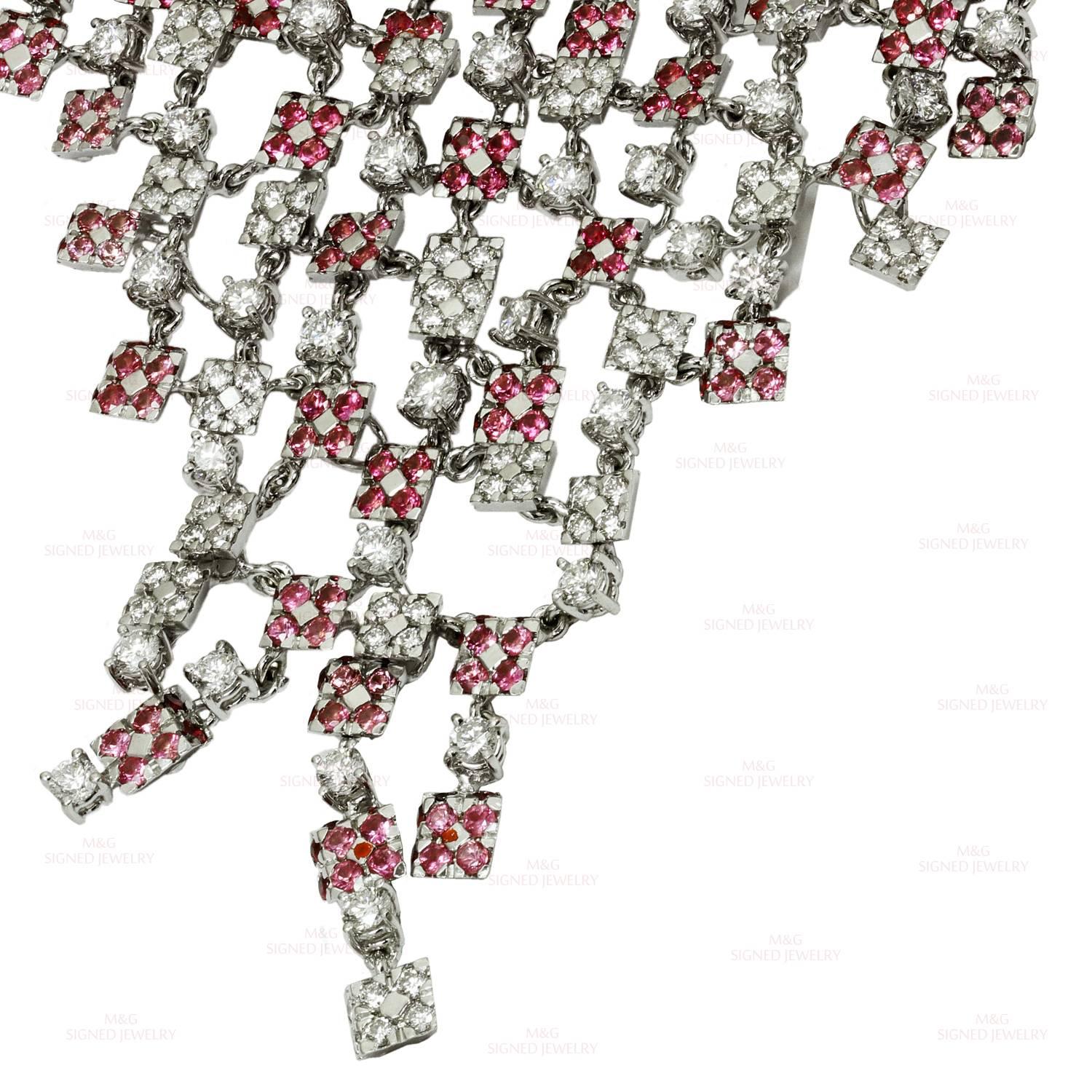 White Gold, 18k Diamond Pink Sapphire Bib Necklace.Made in Italy For Sale 1