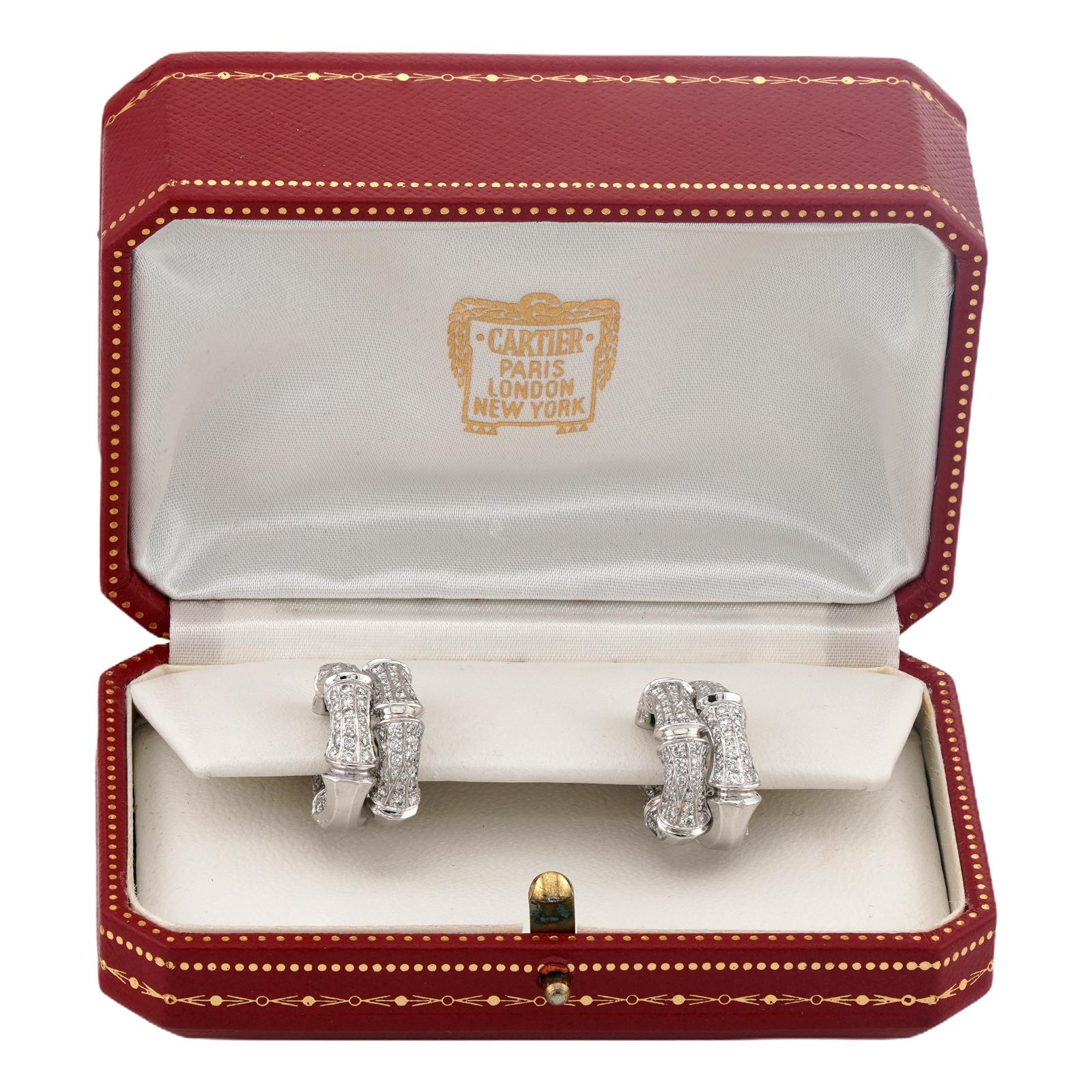 Taglio brillante CARTIER Orecchini a clip in oro bianco con diamanti di bambù Scatola in vendita