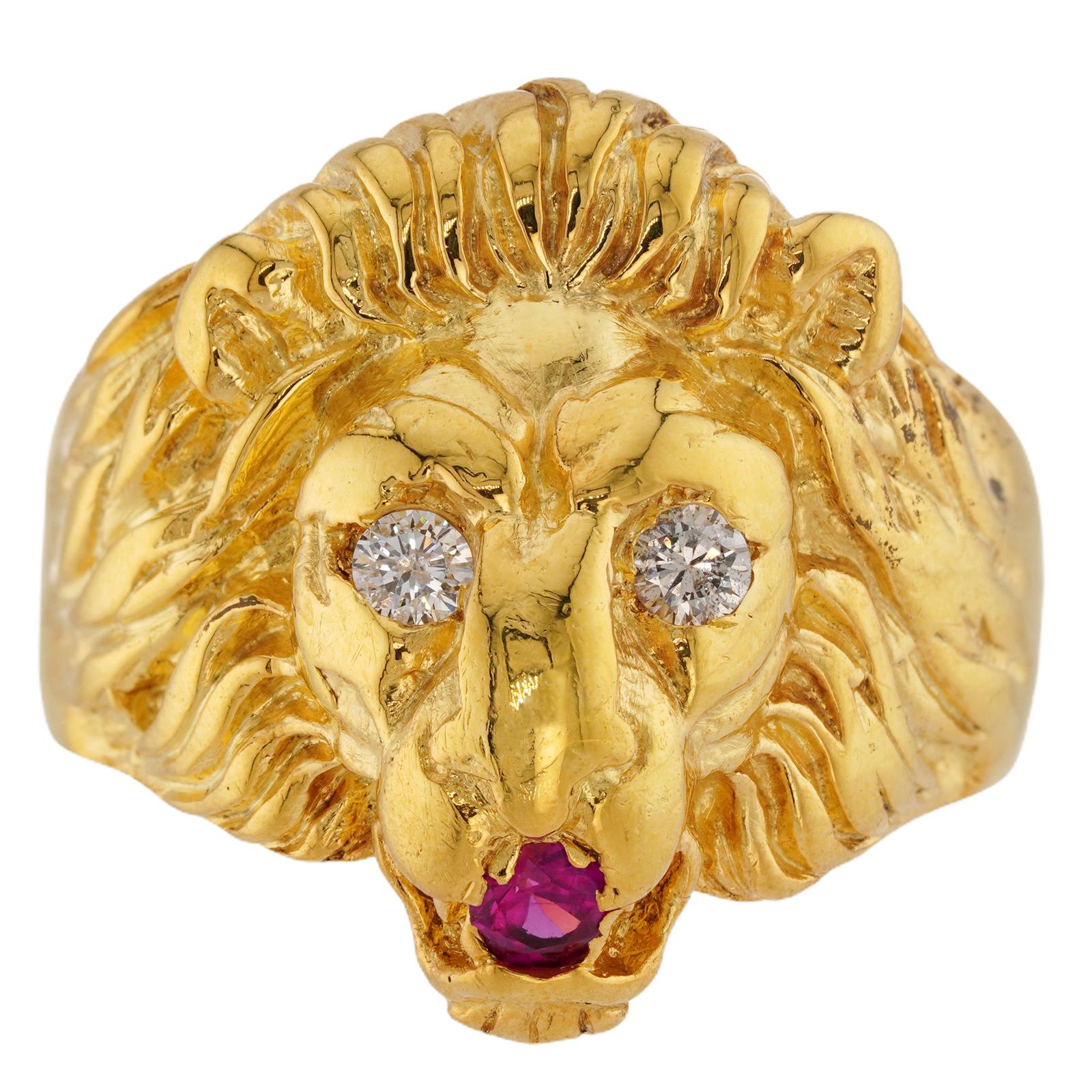 Löwenkopf Rubin Diamant 18k Gelbgold Ring im Zustand „Hervorragend“ im Angebot in New York, NY