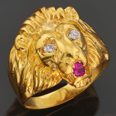 Lion Head Ruby Diamond 18k Yellow Gold Ring