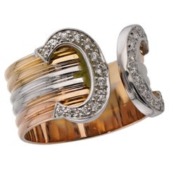 CARTIER Double C Diamond Tri-Color Gold Ring 55 COA