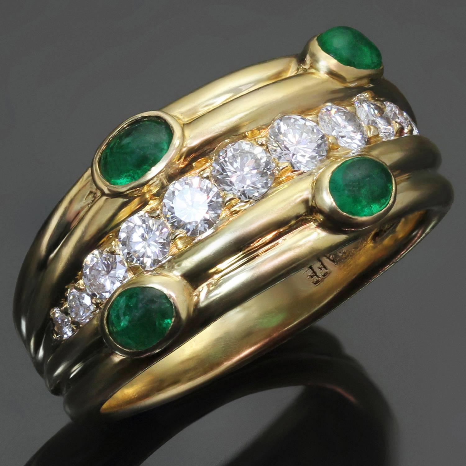 This fabulous vintage Graff ring is crafted in 18k yellow gold and set with 4 sugarloaf cabochon emerald stones of an estimated 0.50 carats and sparkling diamonds of an estimated 0.50 carats. Made in United Kingdom circa 1980s. Measurements: