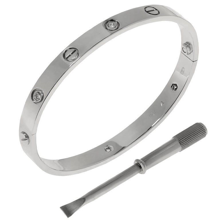 Cartier Love Six Diamond White Gold Bracelet Box Papers Sz 18 At 1stdibs Cartier Love Six Diamond White Gold Bracelet Box Papers Sz 18 For
