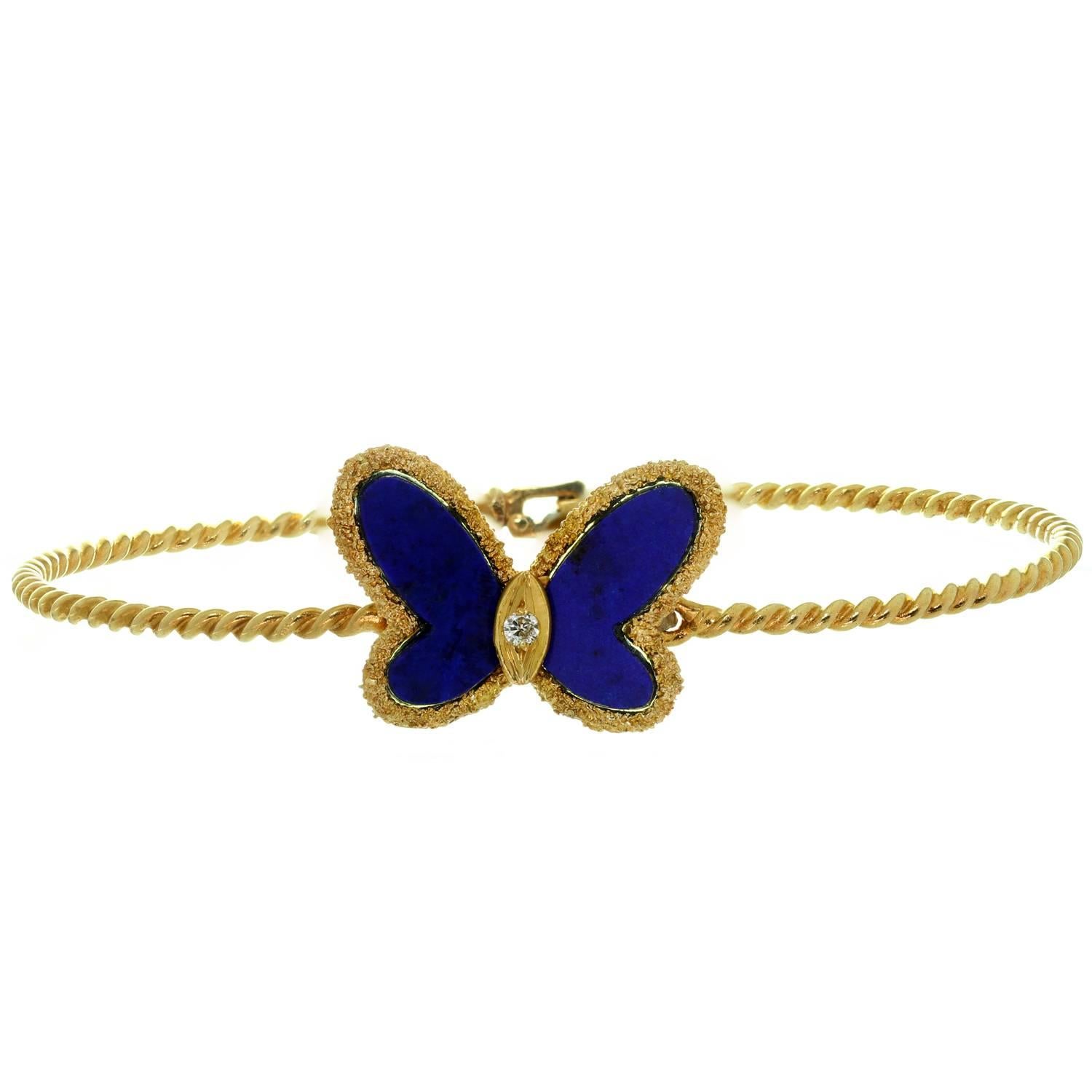 Van Cleef & Arpels Diamond Lapis Lazuli Butterfly Yellow Gold Bangle Bracelet