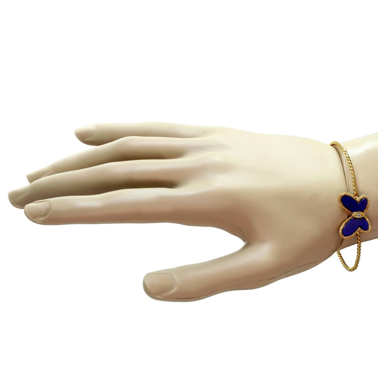 Van Cleef & Arpels Diamond Lapis Lazuli Butterfly Yellow Gold Bangle Bracelet In Excellent Condition In New York, NY
