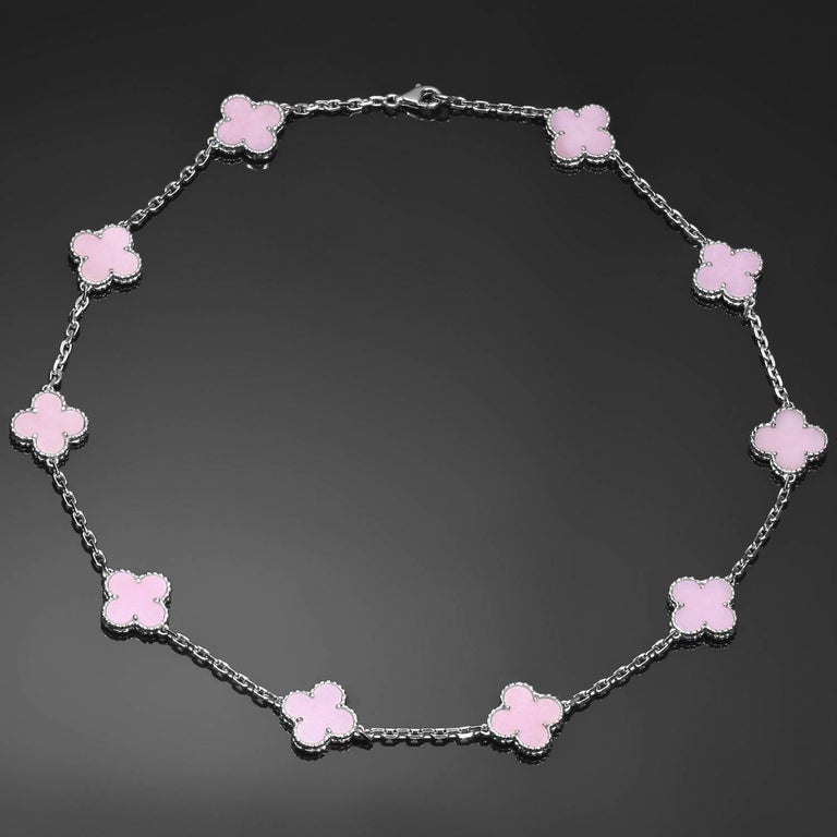 Van Cleef and Arpels Alhambra Pink Opal White Gold Ten Motif Necklace