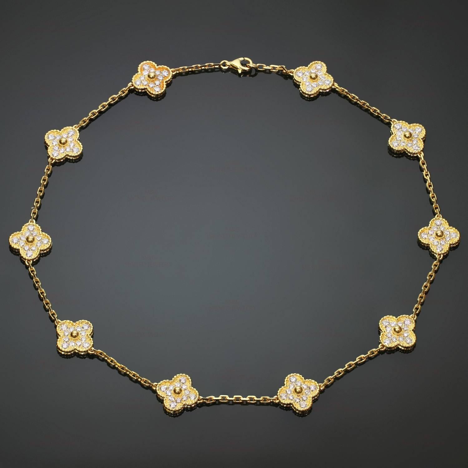 This fabulous Van Cleef & Arpels necklace from the classic Alhambra collection is crafted in 18k yellow gold and features 10 lucky clover motifs beautifully set with brilliant-cut round diamonds of an estimated 5.0 carats. Made in France circa