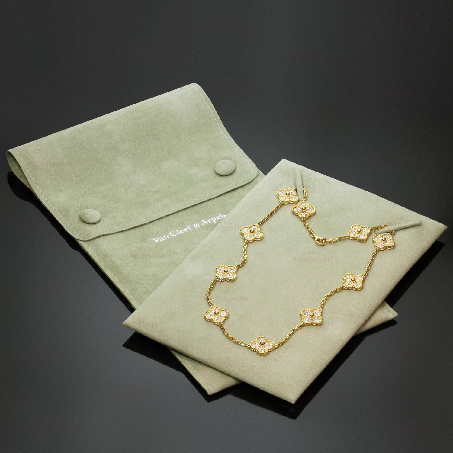 Van Cleef & Arpels Alhambra Diamond Gold 10 Motif Necklace In Excellent Condition In New York, NY