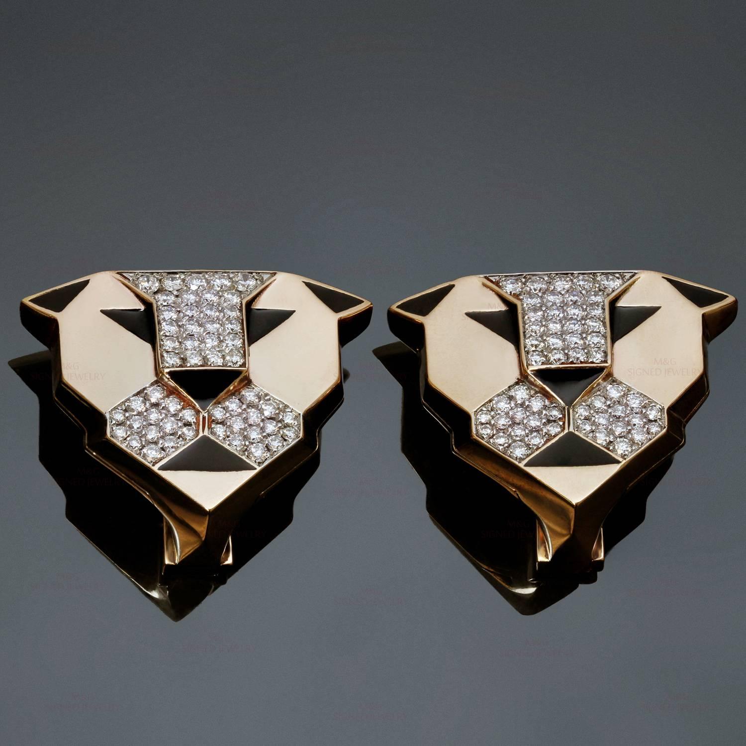 These fabulous Bulgari earrings from the Enigma collection features a regal lion head design crafted in 18k rose gold and accented with black enamel and pave-set with brilliant-cut round diamonds of an estimated 2.15 carats. Completed with