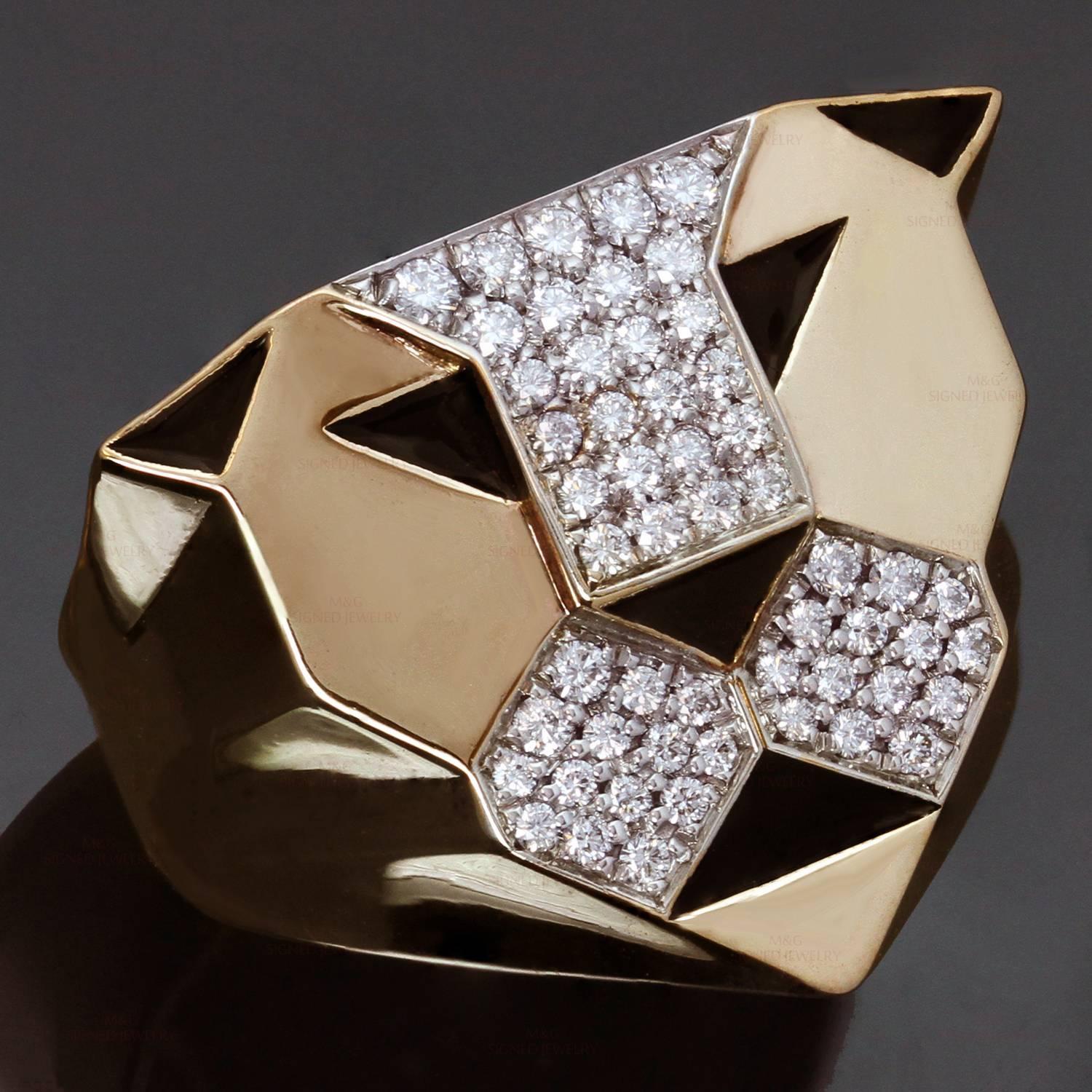 This fabulous Bulgari ring from the Enigma collection features a regal lion head design crafted in 18k rose gold and accented with black enamel and pave-set with brilliant-cut round diamonds. Made in Italy circa 1990s. Measurements: 0.82