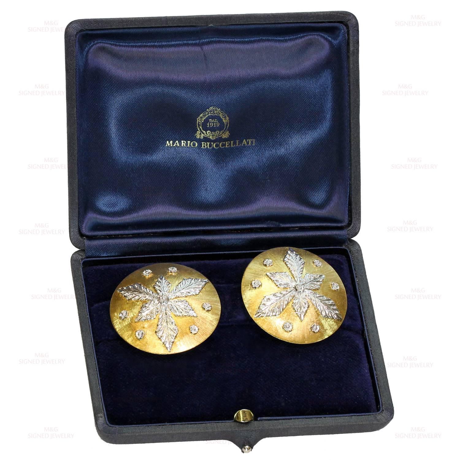 These stunning Mario Buccellati round button earrings are crafted in 18k yellow gold and beautifully contrasted with 18k white gold accents. Completed with clip-on omega backs. Posts can be added upon request for pierced ears. Made in Italy.