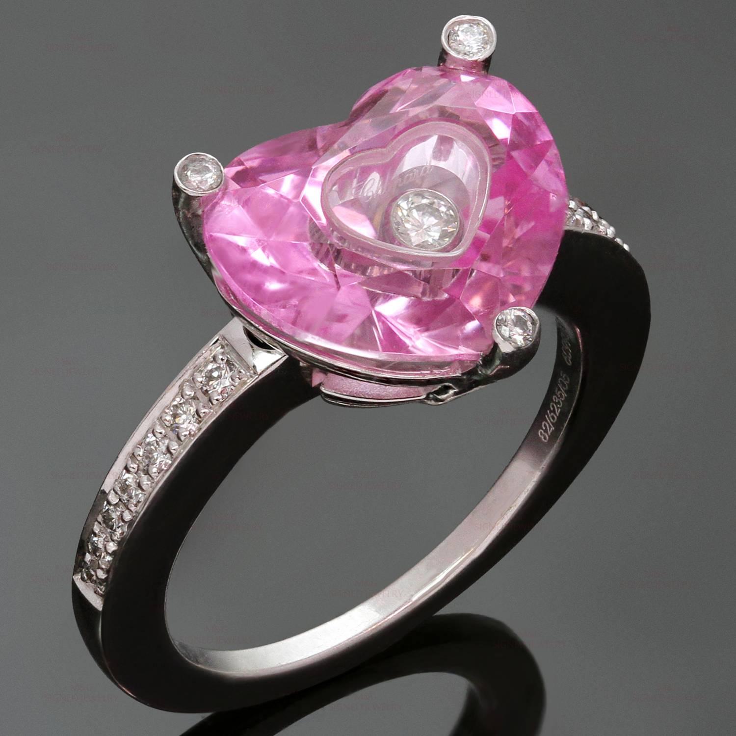 This fabulous Chopard ring from the Happy Diamonds collection is made in 18k white gold and features a sparkling faceted heart-shaped pink quartz beautifully accented with a free-floating bezel-set diamond of an estimated 0.20 carats in an inscribed