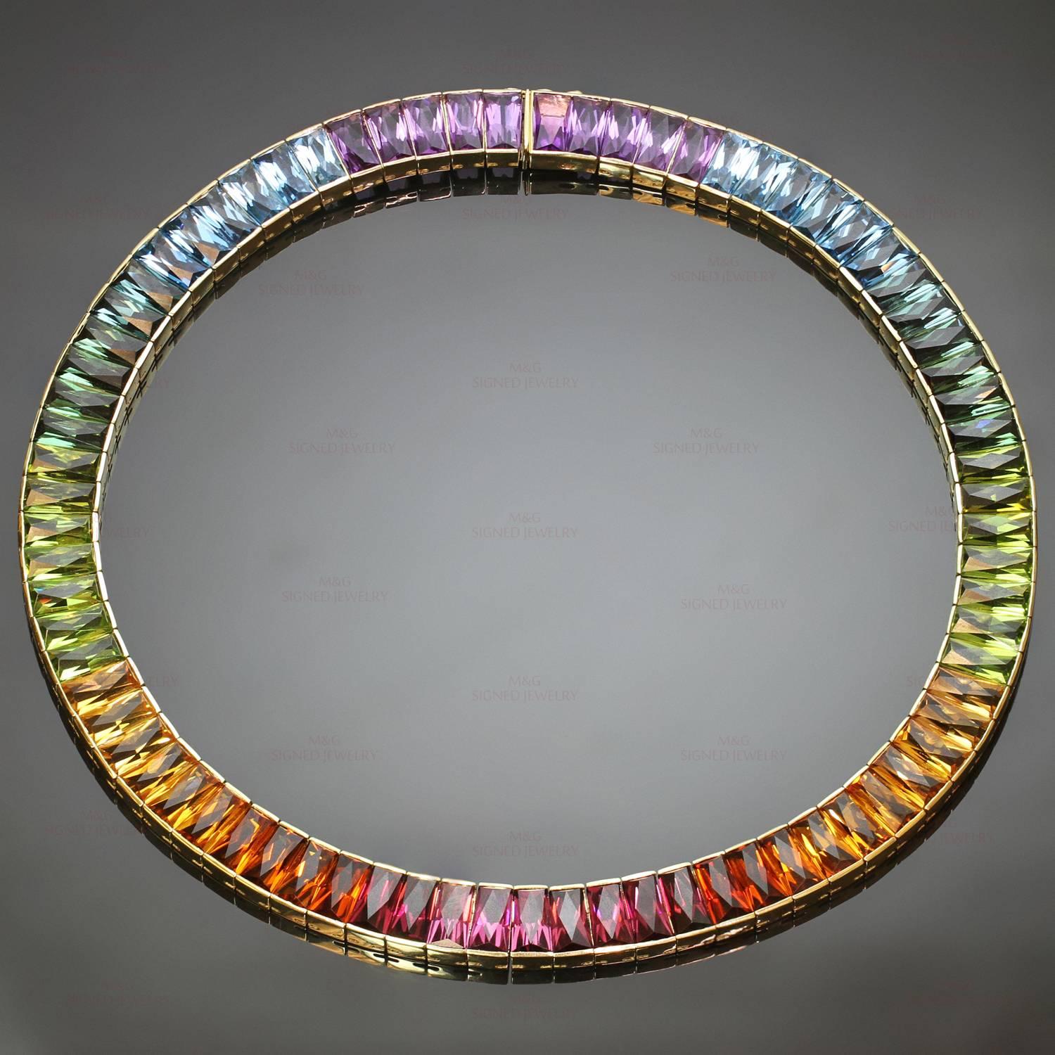 The exquisite H. Stern necklace is crafted in 18k yellow gold and set with a rainbow gradient of faceted rectangular-cut gemstones of an estimated 99.45 carats - amethyst (about 12.70 carats), blue topaz (about 16.65 carats), tourmaline (about 14.90