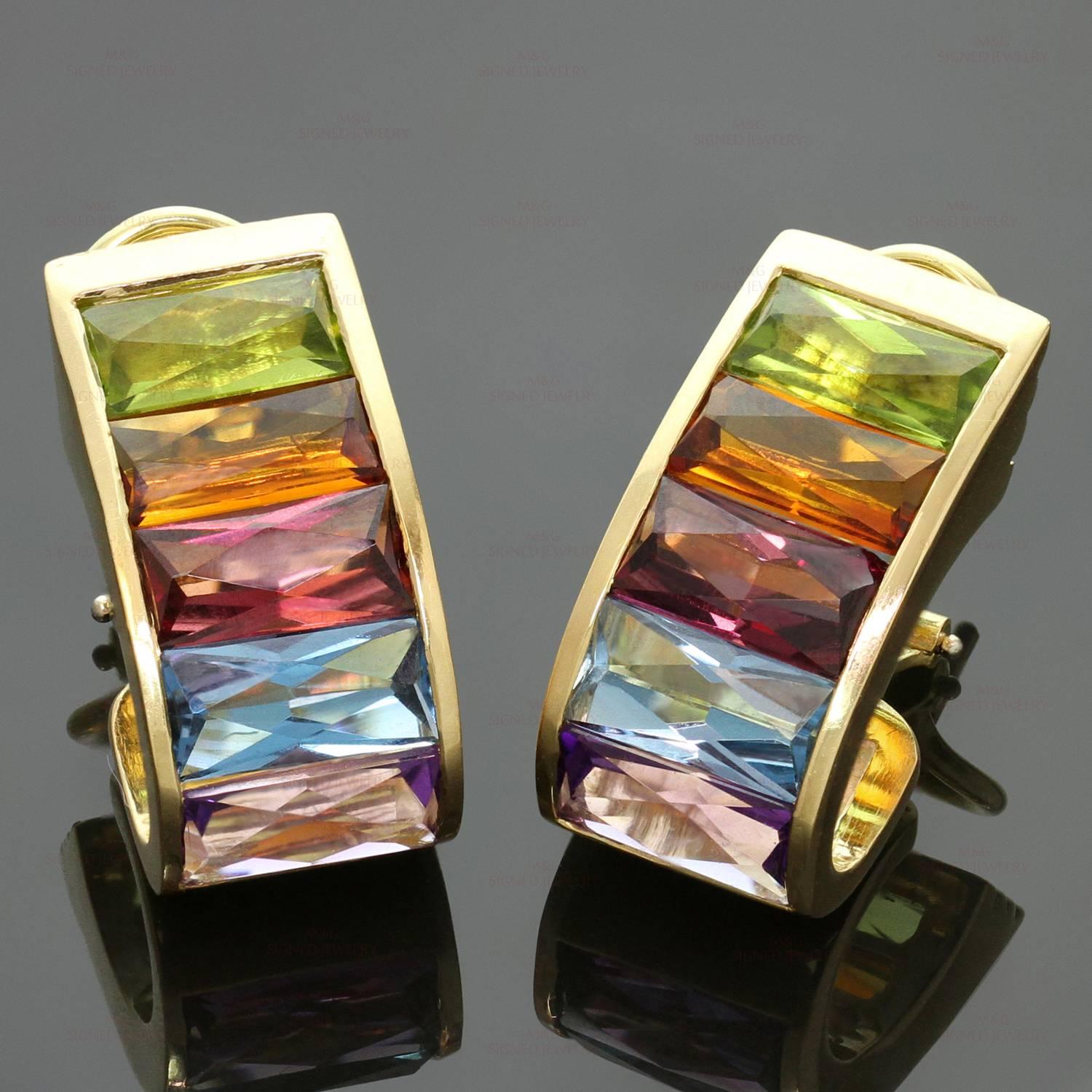 These stunning H. Stern earrings are crafted in 18k yellow gold and set with a colorful gradient of faceted rectangular-cut gemstones of an estimated 10.10 carats - amethyst (about 1.85 carats), blue topaz (about 2.30 carats), peridot (about 2.20