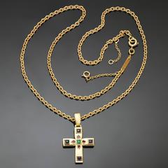 1990s CARTIER Byzantine Multicolor Gemstone Yellow Gold Cross Pendant Necklace