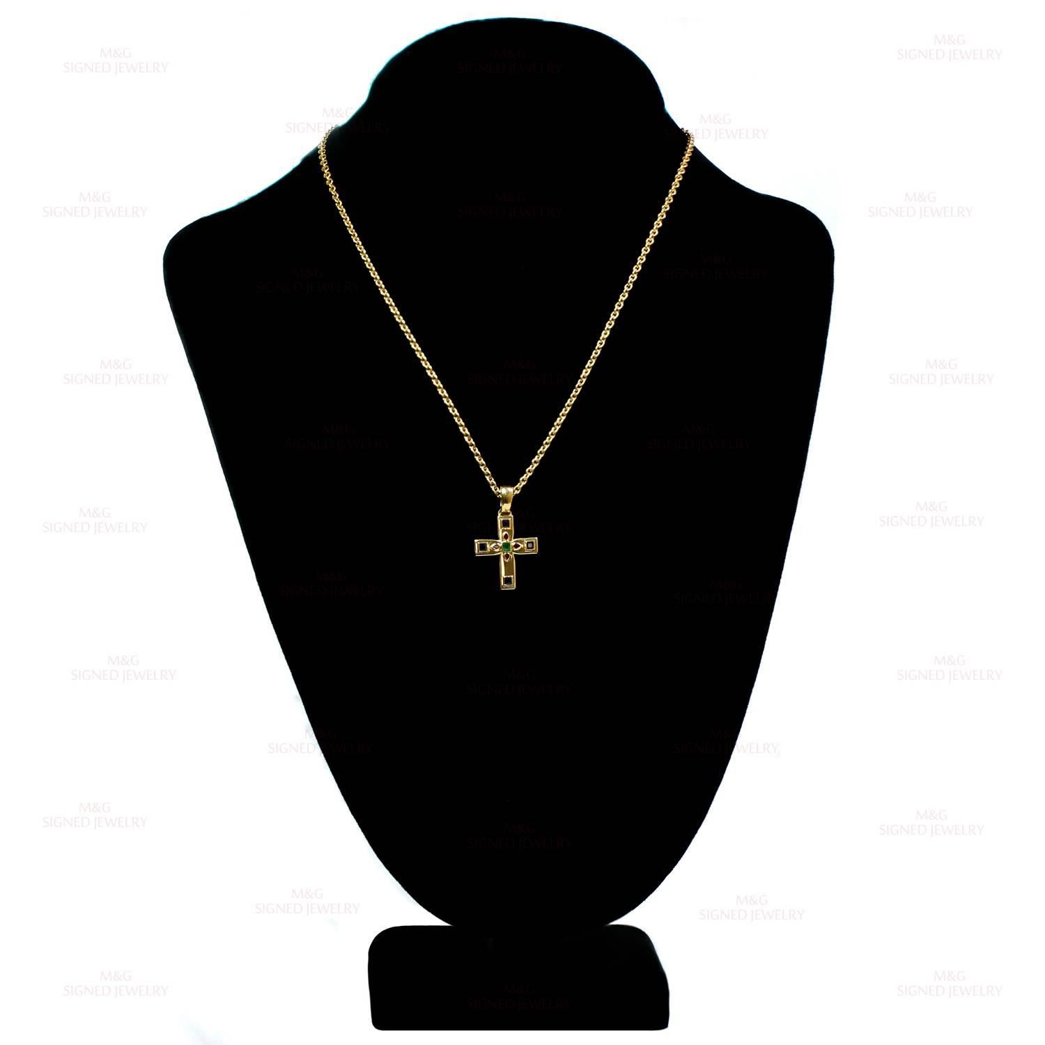 1990s CARTIER Byzantine Multicolor Gemstone Yellow Gold Cross Pendant Necklace In Excellent Condition In New York, NY