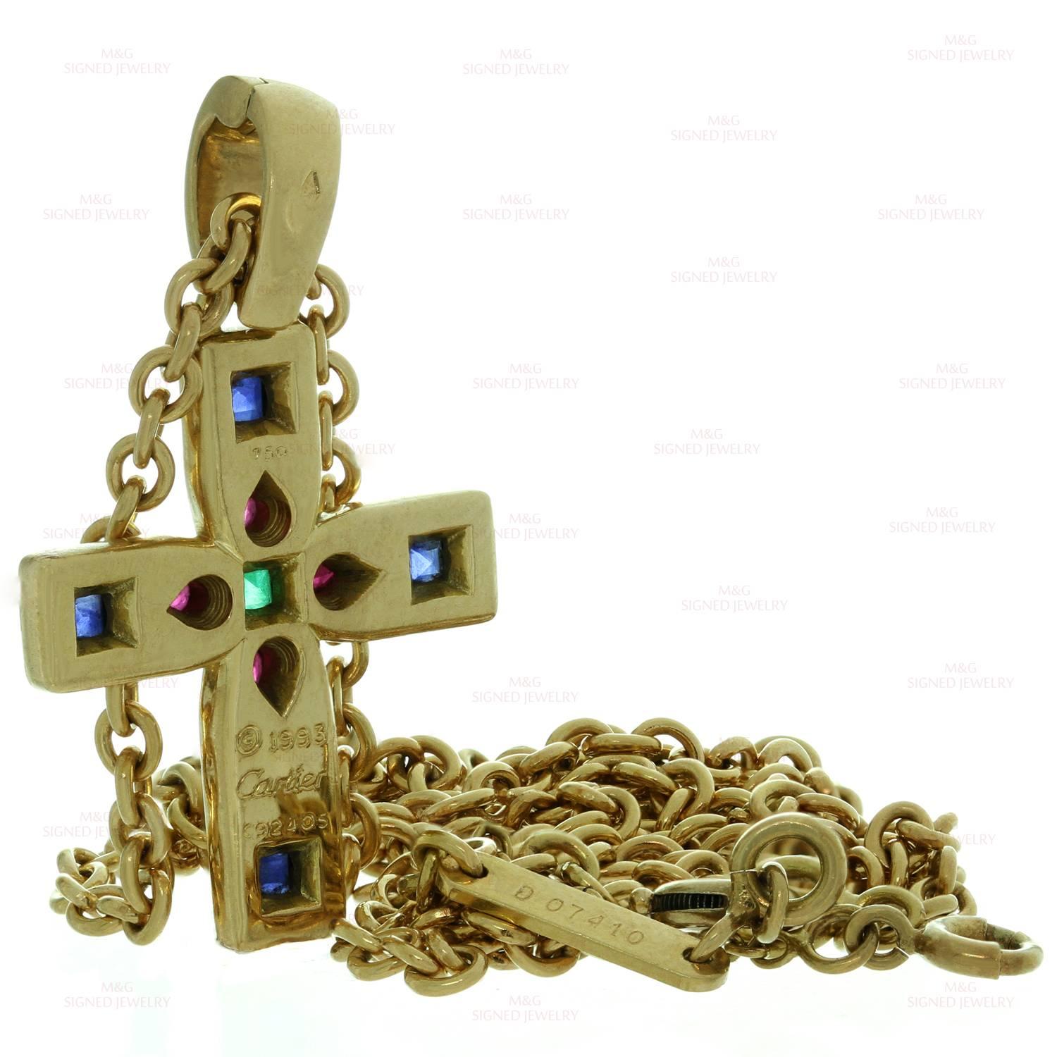 1990s CARTIER Byzantine Multicolor Gemstone Yellow Gold Cross Pendant Necklace 1