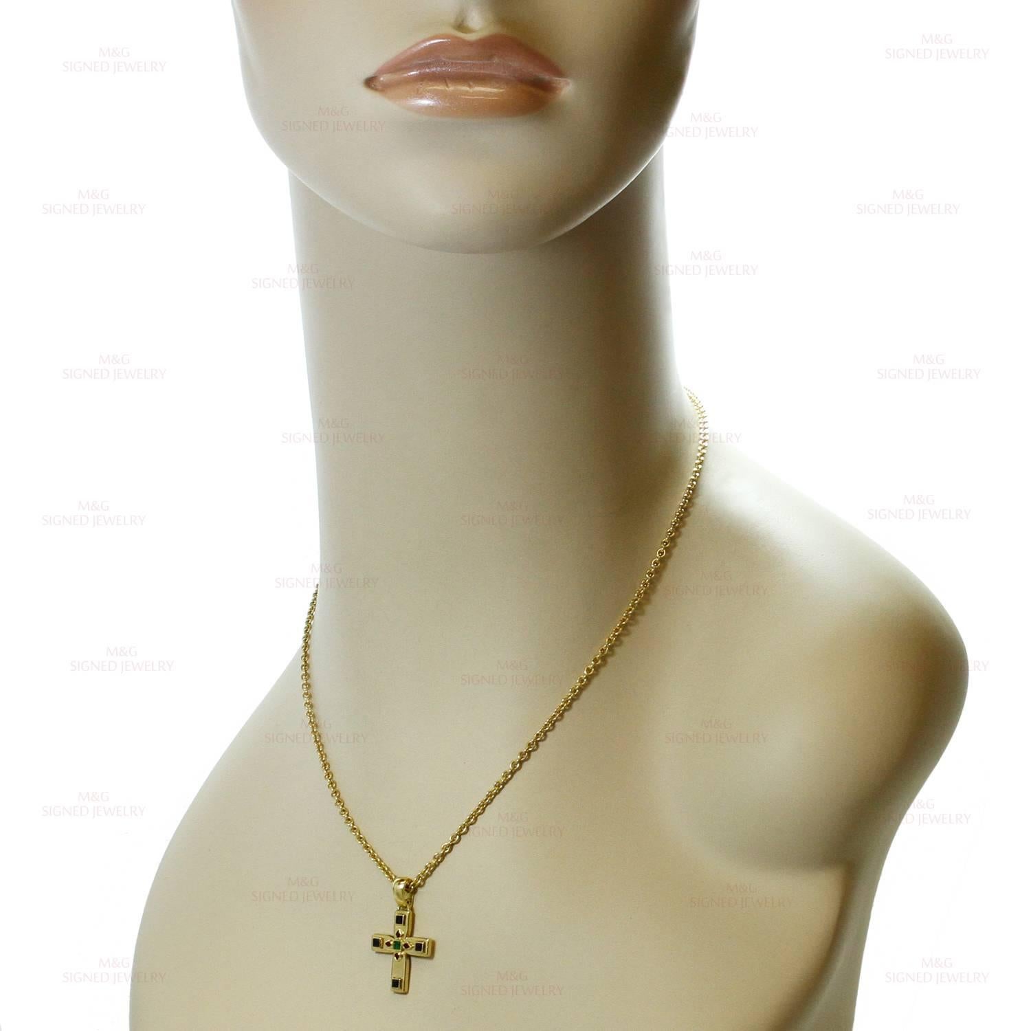 Women's 1990s CARTIER Byzantine Multicolor Gemstone Yellow Gold Cross Pendant Necklace