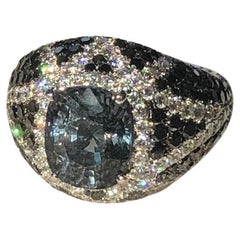 18 Karat White Gold Blue Cobalt Spinel Ring with Black and White Diamonds