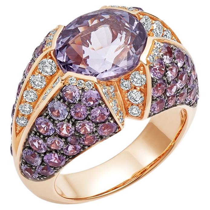 18 Karat Rose Gold Purple Spinel Cocktail Ring with Sapphires and Diamonds For Sale