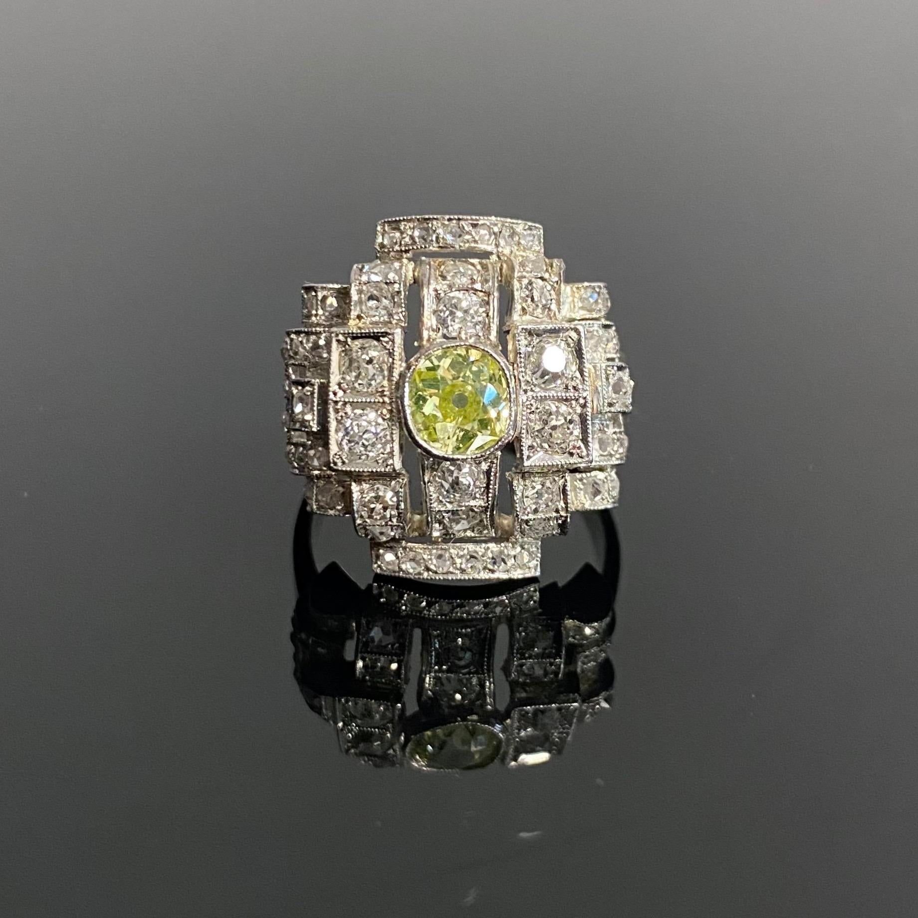 Old Mine Cut Art Deco Certified Greenish Yellow Old Cut Diamond Geometric Cocktail Ring 1930s For Sale