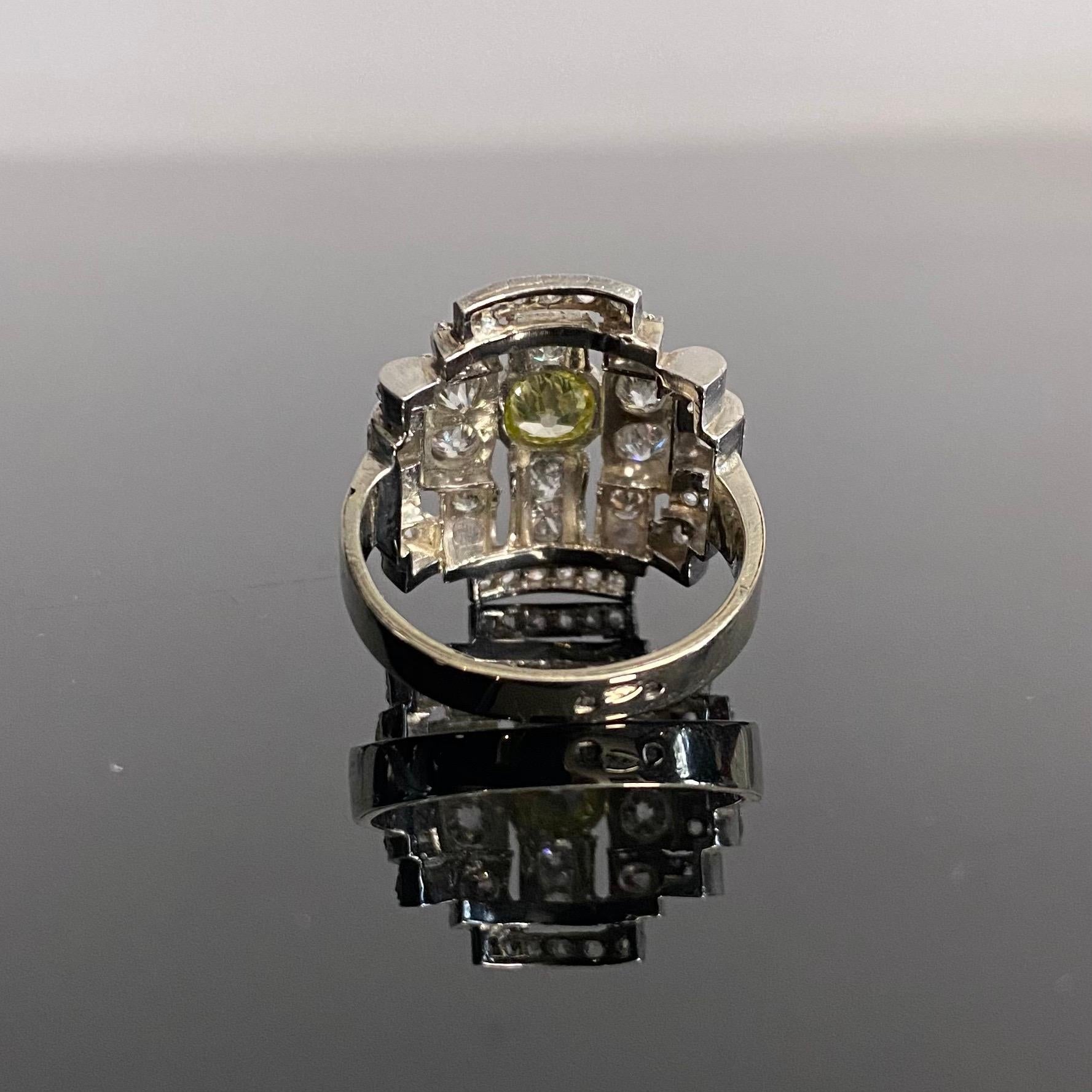 Art Deco Certified Greenish Yellow Old Cut Diamond Geometric Cocktail Ring 1930s For Sale 1