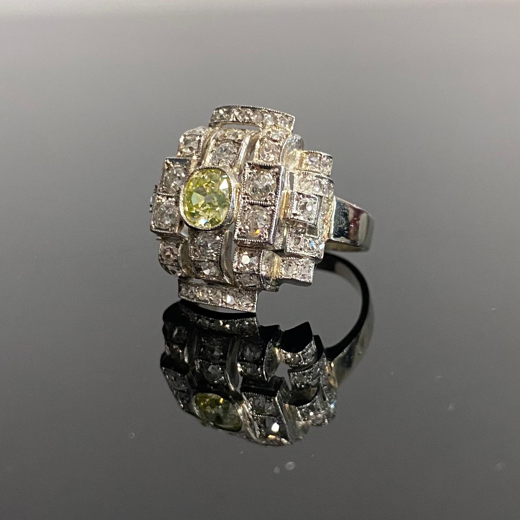 Art Deco Certified Greenish Yellow Old Cut Diamond Geometric Cocktail Ring 1930s For Sale 2