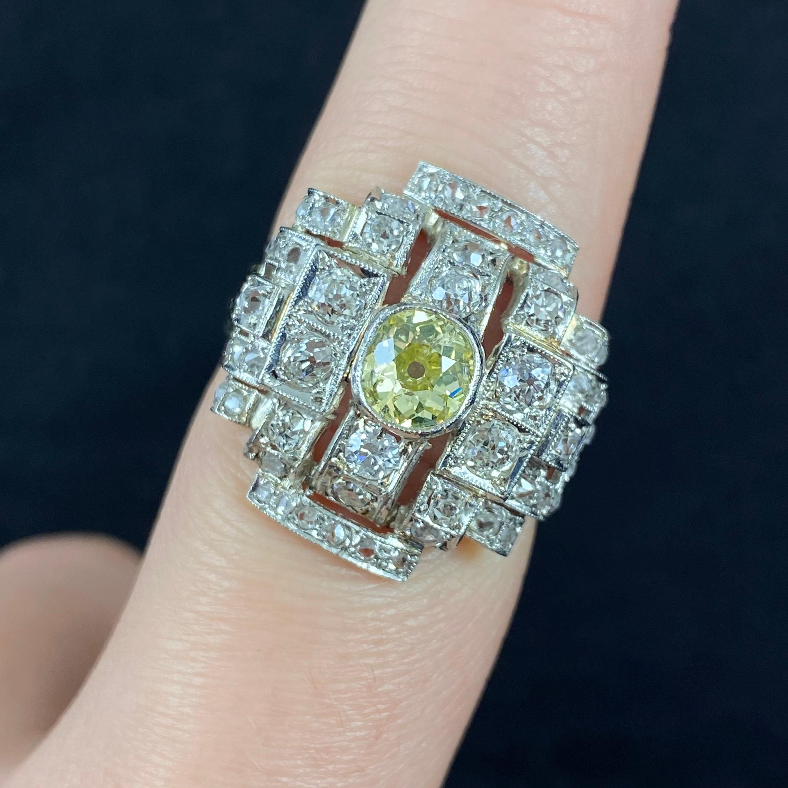 Art Deco Certified Greenish Yellow Old Cut Diamond Geometric Cocktail Ring 1930s For Sale 9