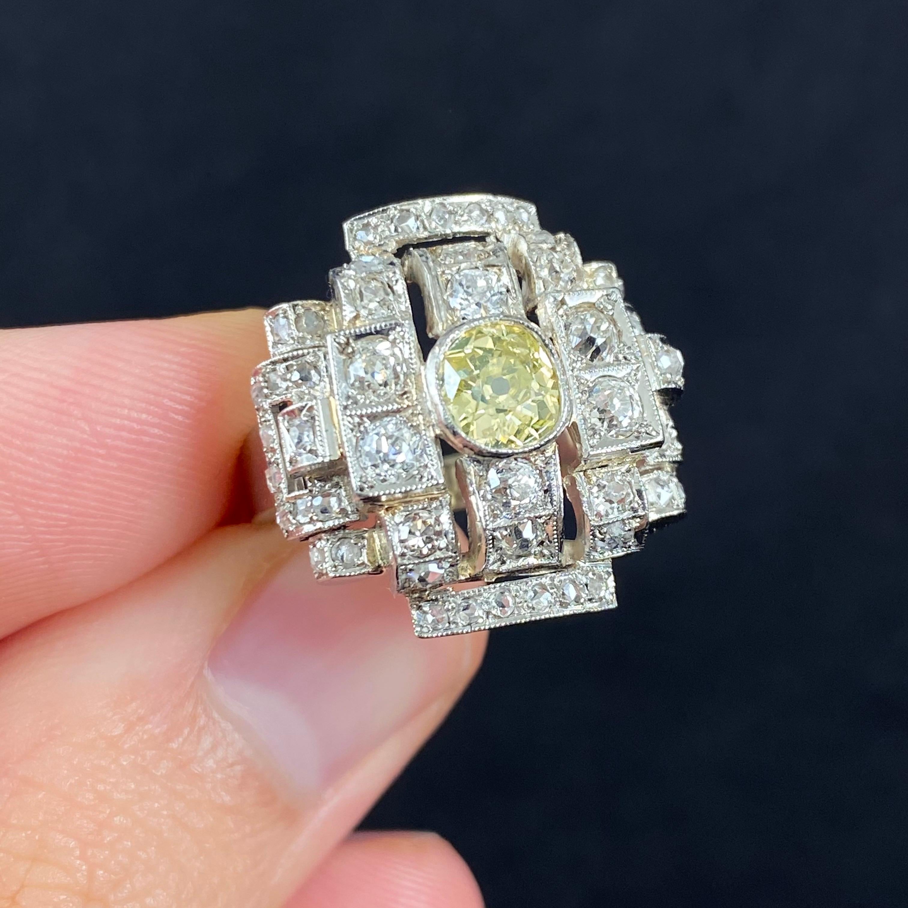 Art Deco Certified Greenish Yellow Old Cut Diamond Geometric Cocktail Ring 1930s For Sale 10