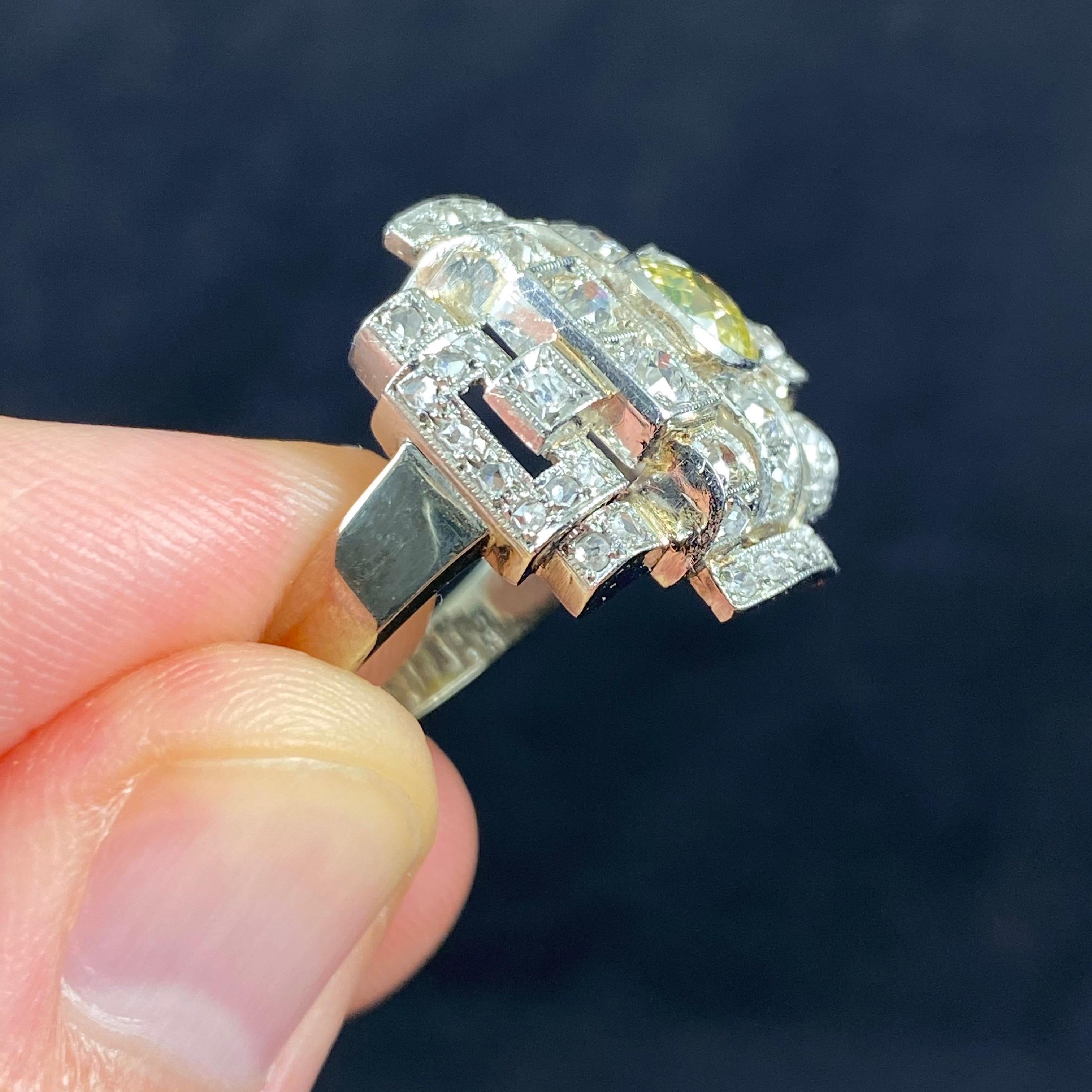 Art Deco Certified Greenish Yellow Old Cut Diamond Geometric Cocktail Ring 1930s For Sale 11
